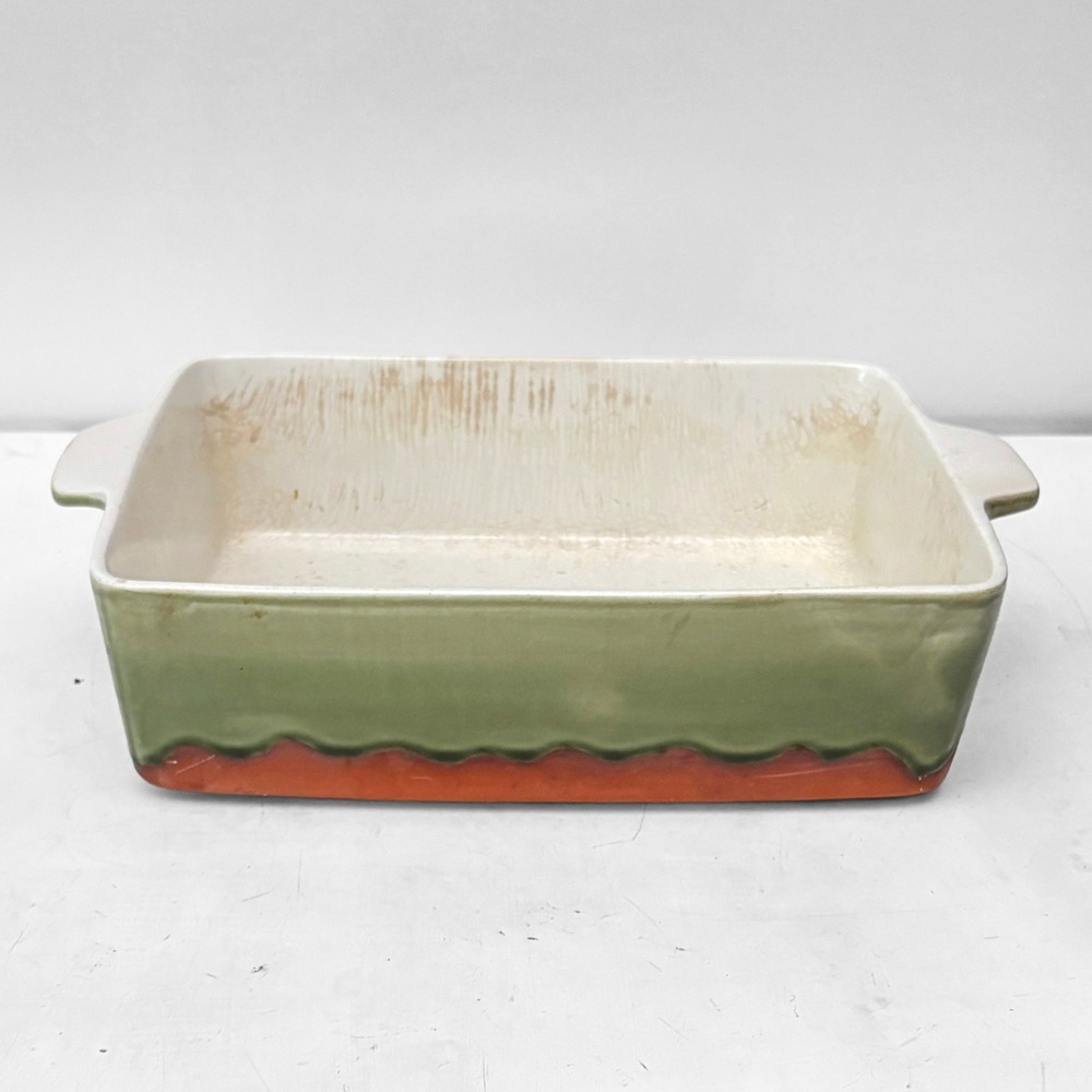 VTG Baum Brothers Style-Eyes‎ Celadon Drip Rectangular Ceramic Baking Dish Green